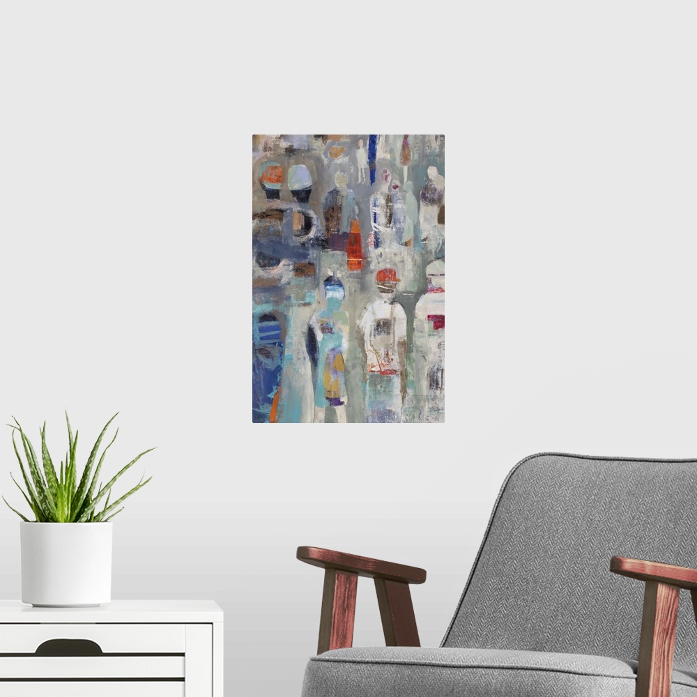 A modern room featuring Semi-abstract artwork of a crowd of figures in blue and red.