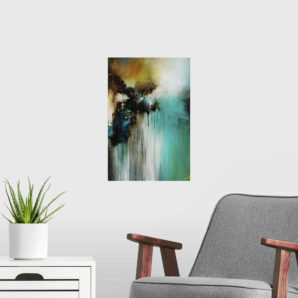 A modern room featuring Contemporary abstract painting with dripping black paint on white and teal.