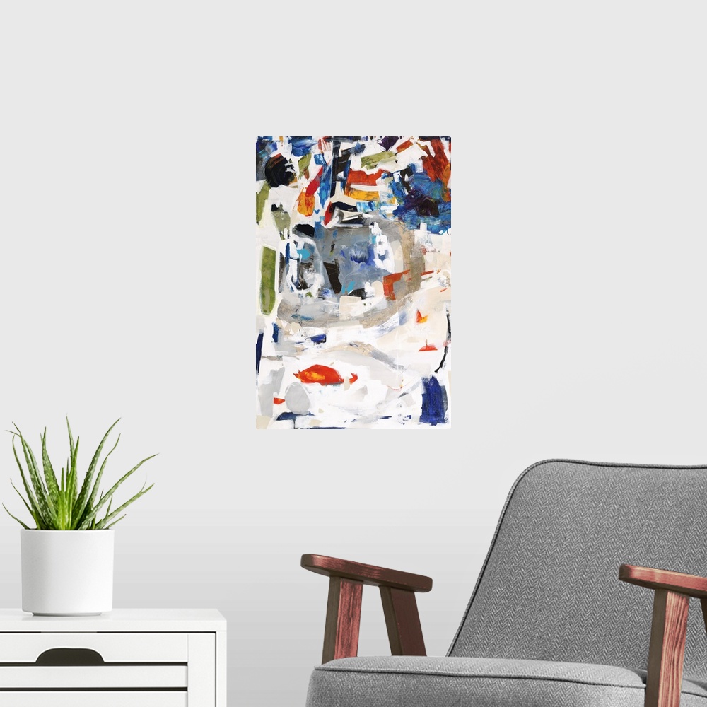 A modern room featuring Colorful abstract canvas sectioned out by applying white paint on top to separate.