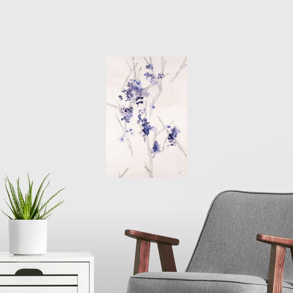 A modern room featuring Contemporary painting of a wispy branch with tiny purple flowers on it.
