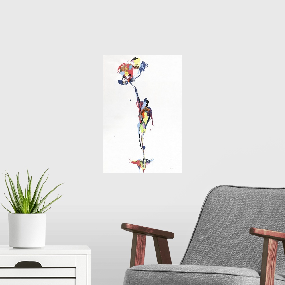 A modern room featuring Colorful abstract painting resembling a figure floating up off the ground with a cluster of ballo...