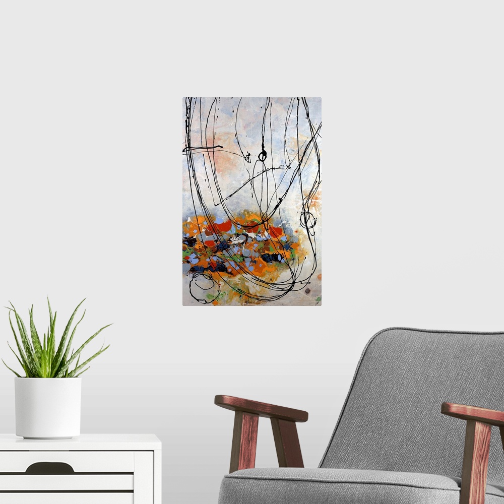 A modern room featuring Contemporary abstract painting with colorful overlapping paint daubs and circling ink scribbles.
