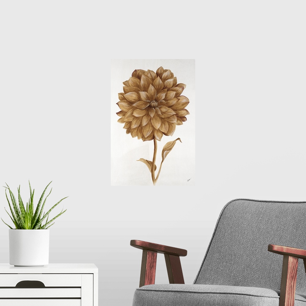 A modern room featuring A painting of a single dahlia in metallic gold.