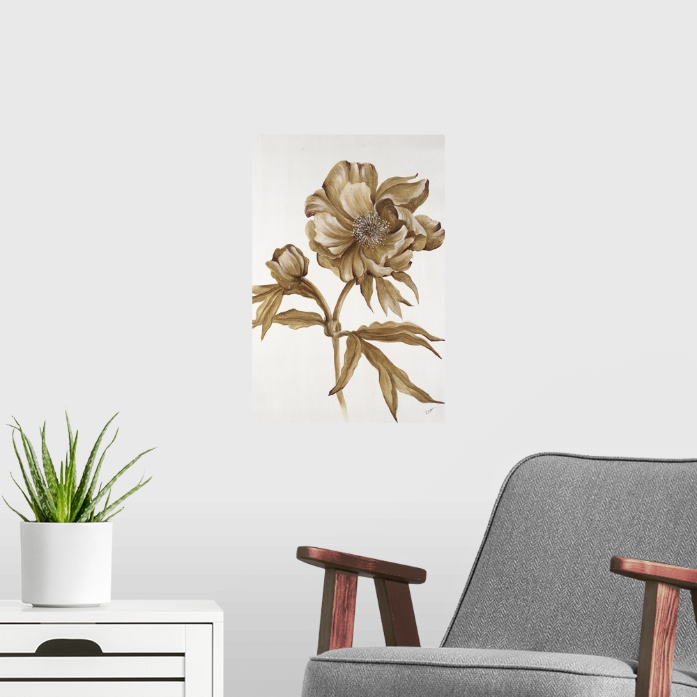 A modern room featuring A painting of a poppy blowing in the wind in metallic gold.