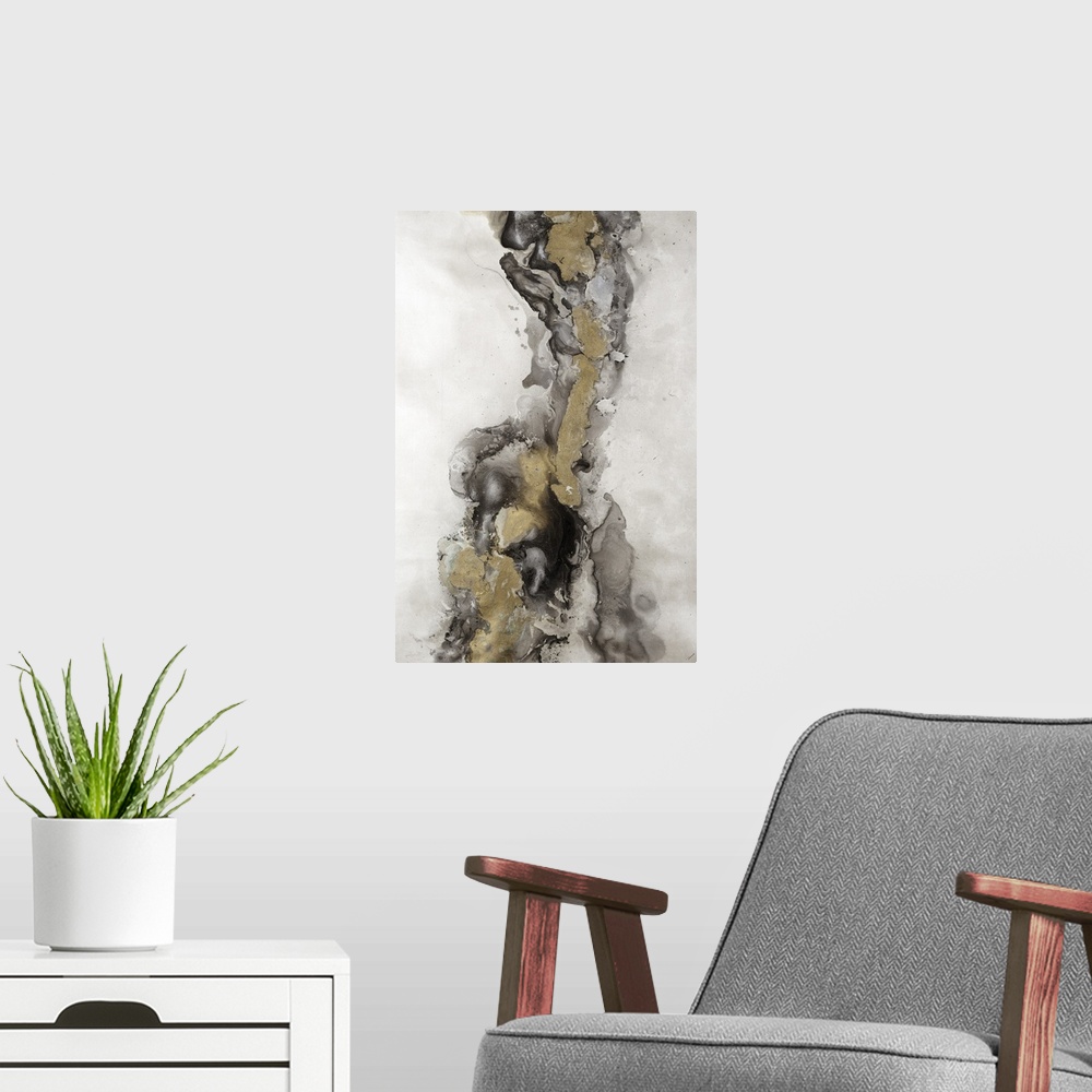 A modern room featuring Abstract painting of textured brush strokes with gold accents.