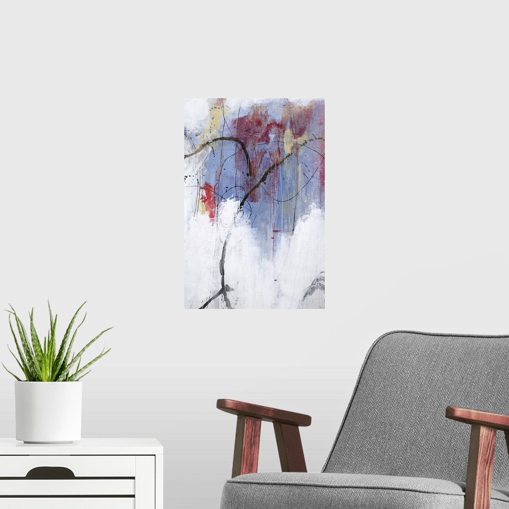 A modern room featuring Vertical abstract painting in pastel colors in blue and red with winding black lines throughout.