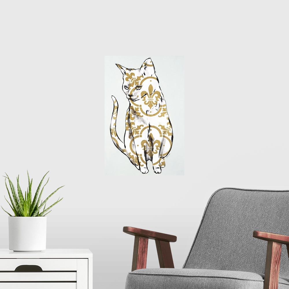 A modern room featuring Painting of a white cat with shiny gold designs using the fleur de lis.