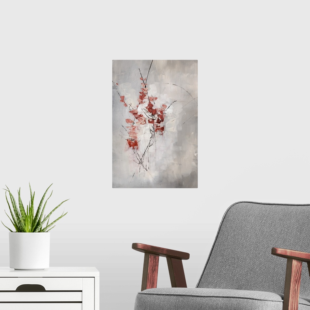 A modern room featuring Contemporary art of several thin, vertical branches covered in blossoms, on a neutral background ...