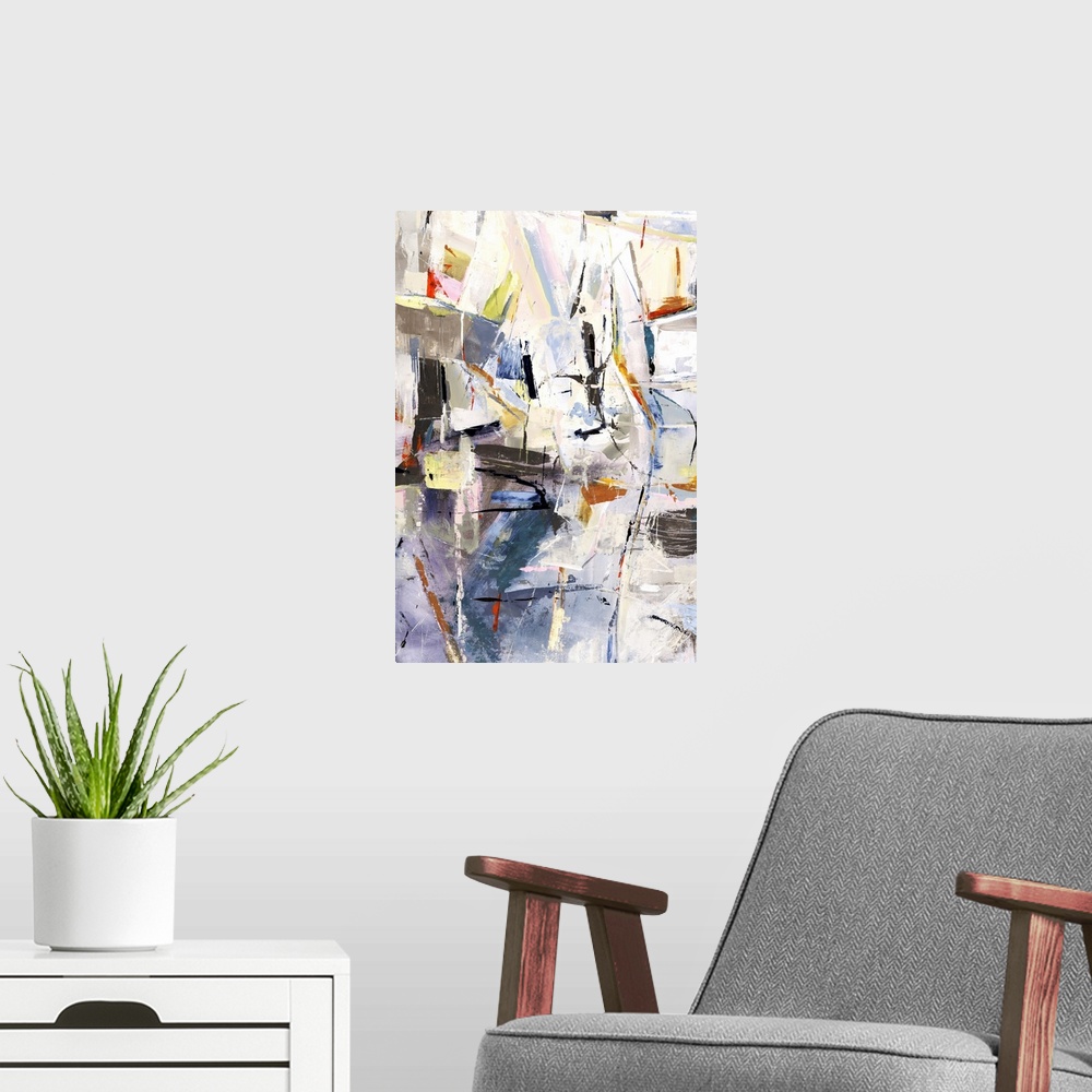 A modern room featuring Contemporary abstract painting using a variety of muted tones.