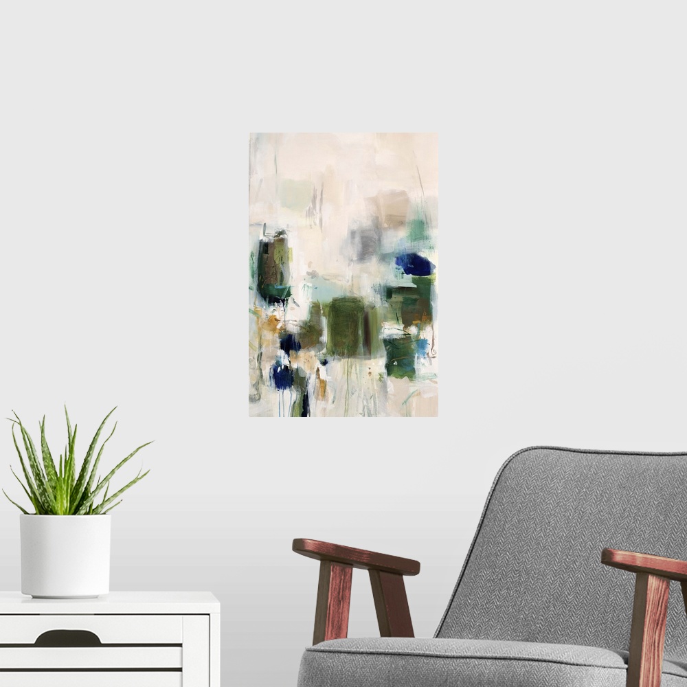 A modern room featuring Vertical abstract artwork with vivid squares of green on white.