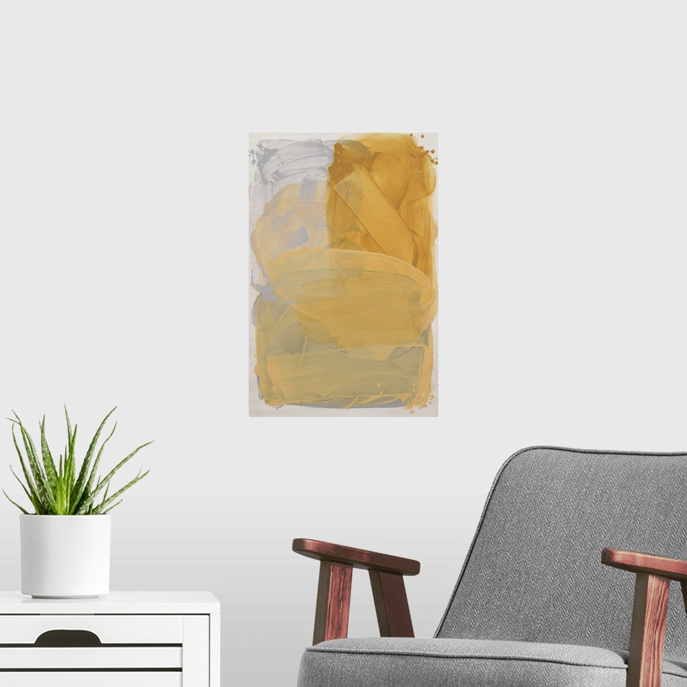 A modern room featuring Yellow abstract artwork in a series of three primary color paintings.