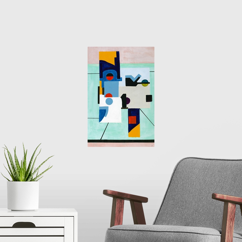 A modern room featuring Geometric abstract with shapes placed together in the middle to create a larger shape in playful ...