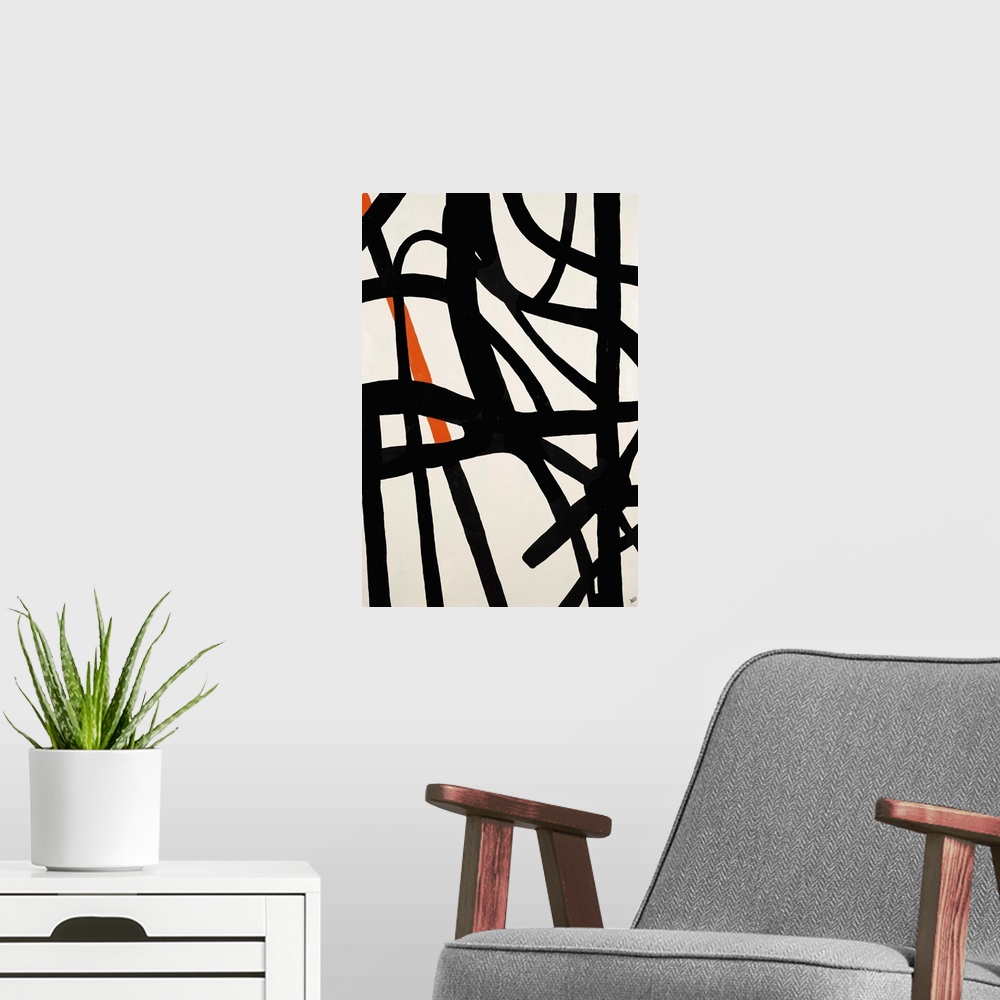 A modern room featuring Contemporary abstract painting using bold contrasting strokes against a a neutral background.