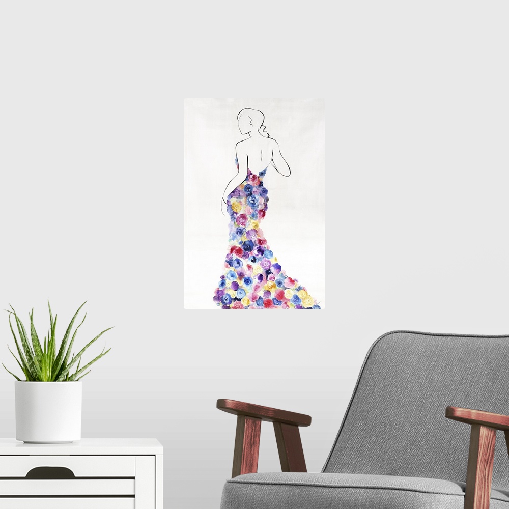 A modern room featuring A simple outline of a woman with a colorful floral dress in rose blooms.