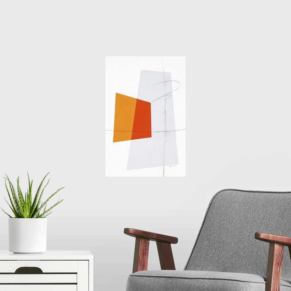 A modern room featuring Large geometric abstract painting in shades of orange and gray with thin, black, squiggly lines o...