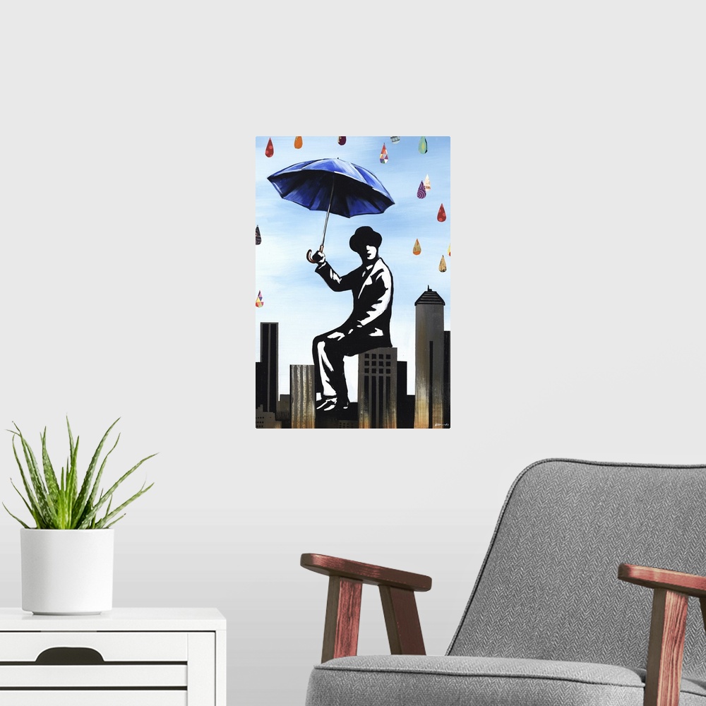A modern room featuring Mixed media artwork with a painting of a man holding a blue umbrella, sitting on a skyscraper roo...