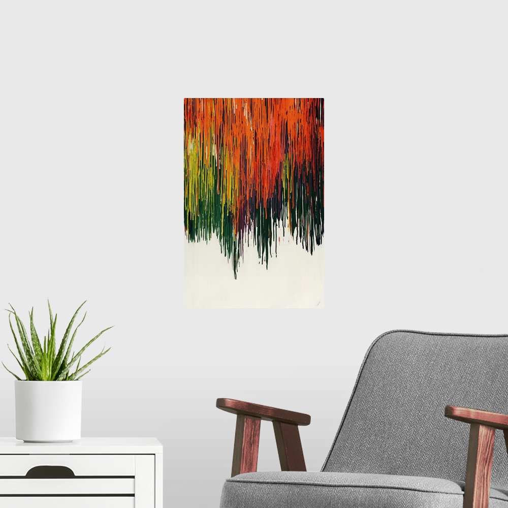 A modern room featuring Large, vertical abstract painting of multicolored drips of paint in layers, running vertically do...