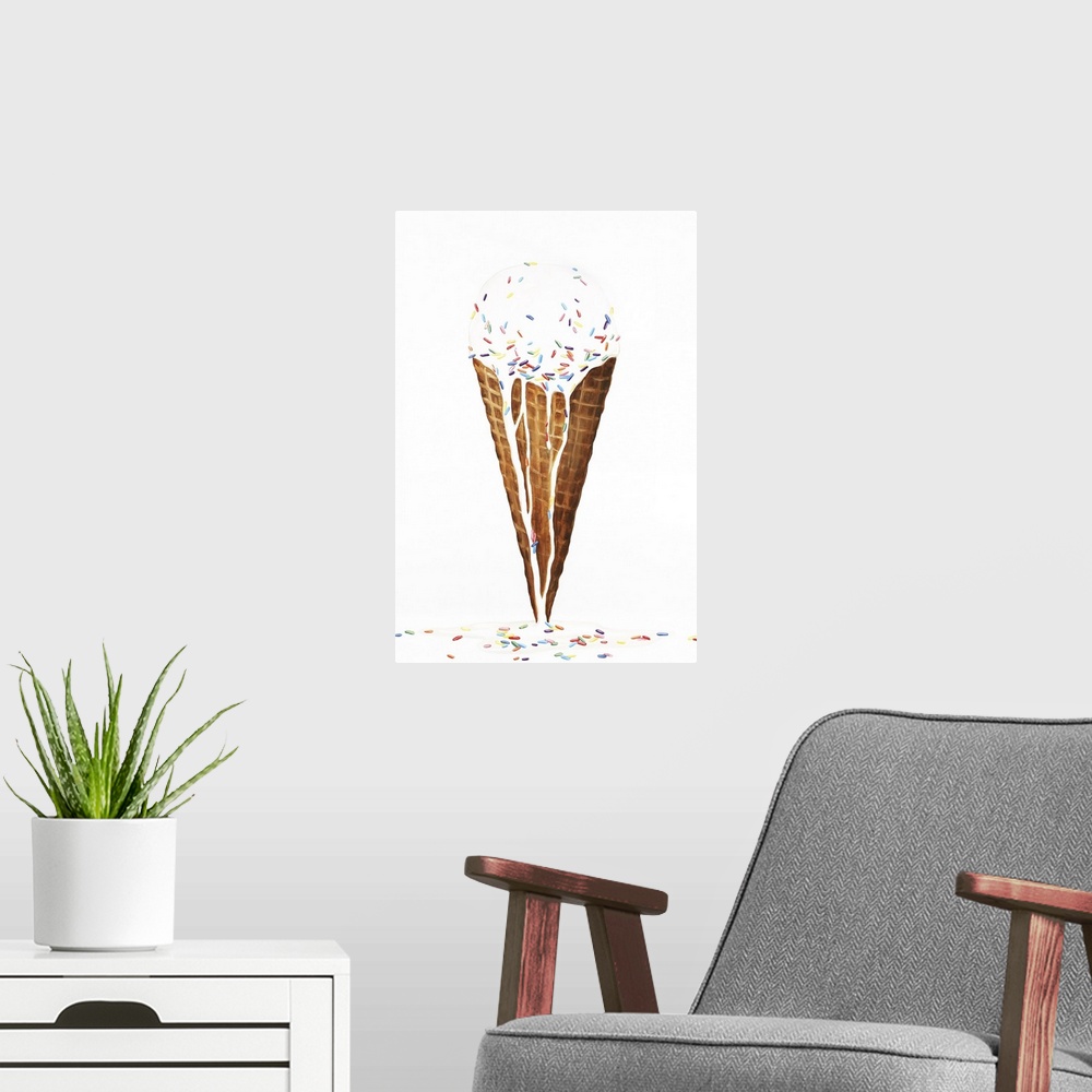 A modern room featuring Contemporary painting of vanilla ice cream with sprinkles, melting over a waffle cone and onto th...