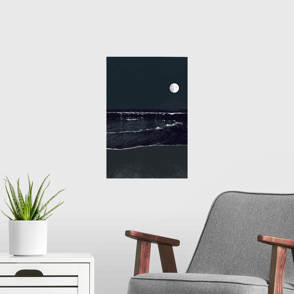 A modern room featuring A high contrast graphic image of a nighttime full moonrise over a calm ocean.