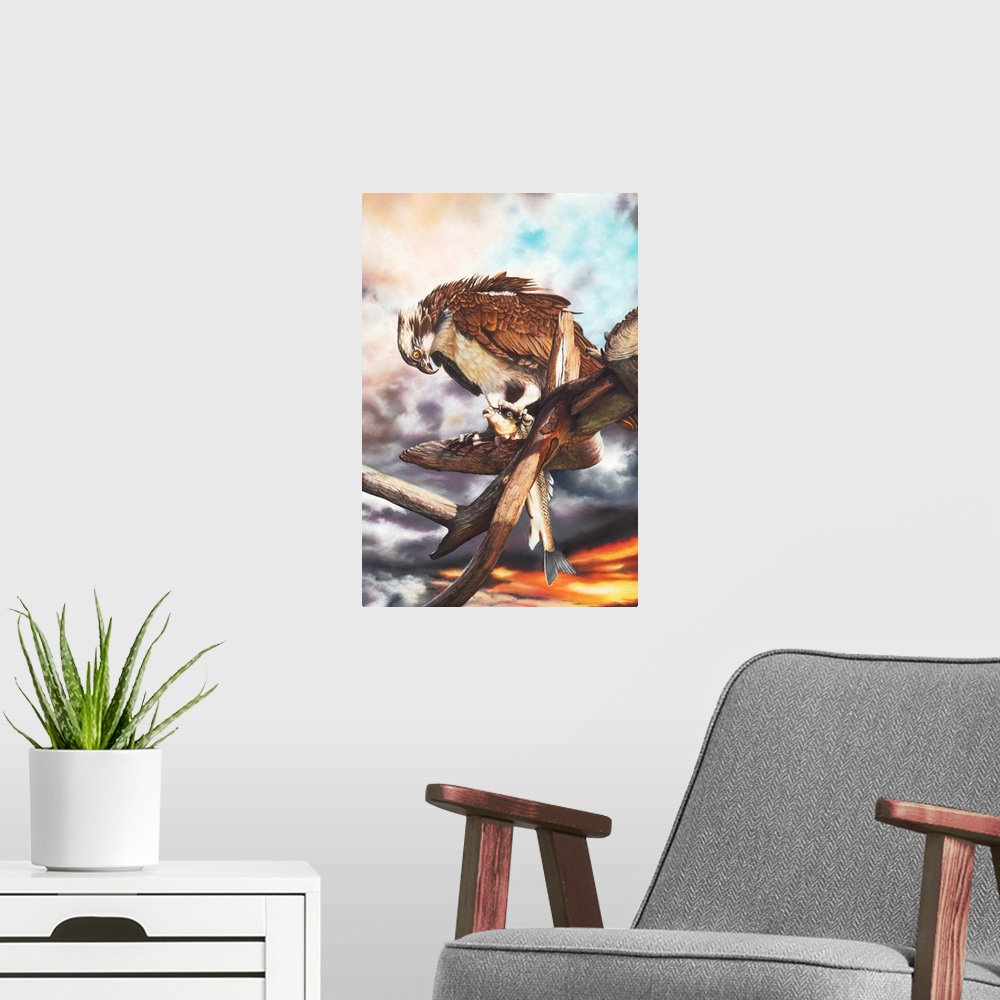 A modern room featuring An Osprey feeding on a large fish in a deadwood tree before a dramatic sky. Created with pastels ...