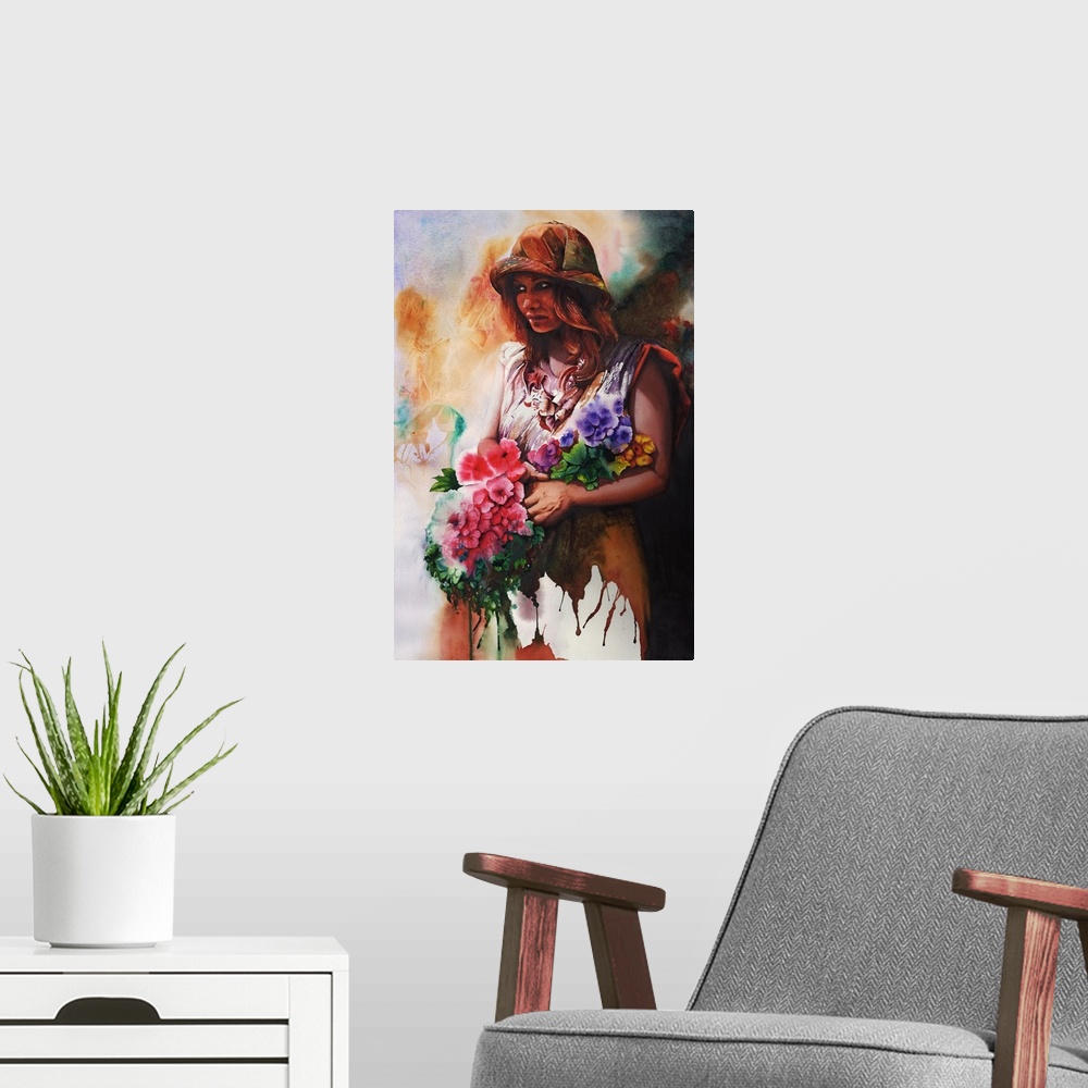 A modern room featuring A loose watercolor portrait of a flower girl, holding a bouquet.