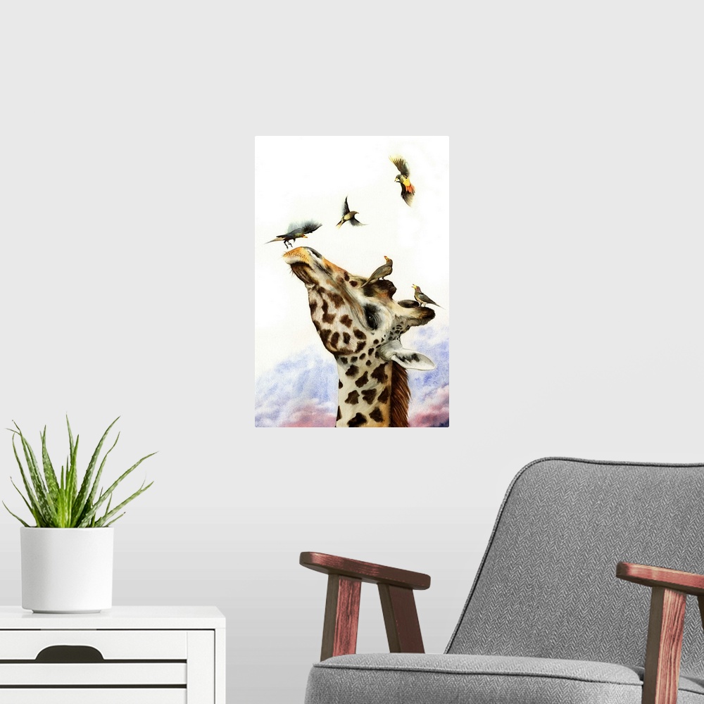 A modern room featuring A watercolour painting of a giraffe being pestered by ox-peckers