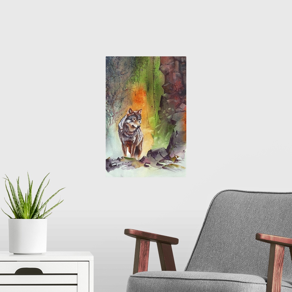 A modern room featuring A watercolour painting of a wolf on some rocks in a mountain forest by UK artist Peter Williams.