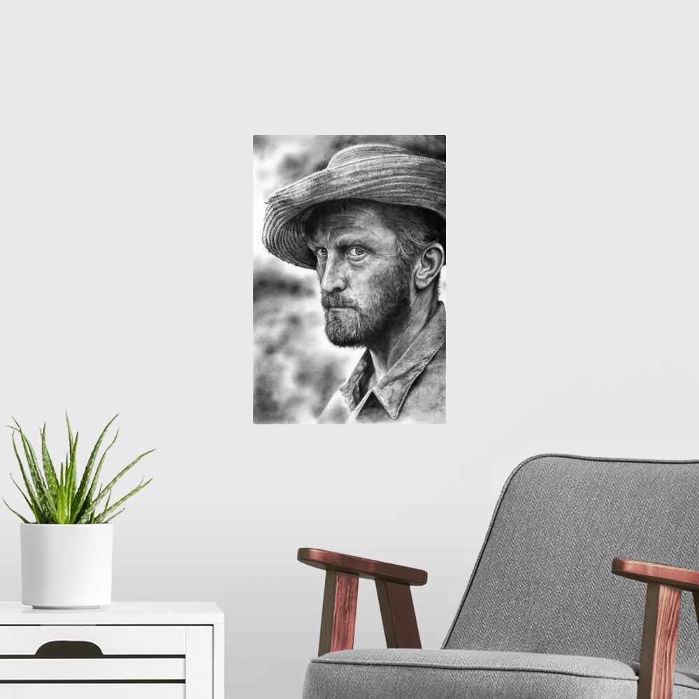 A modern room featuring A pencil portrait of Kirk Douglas as Vincent Van Gogh based on a still from the 1956 movie Lust F...