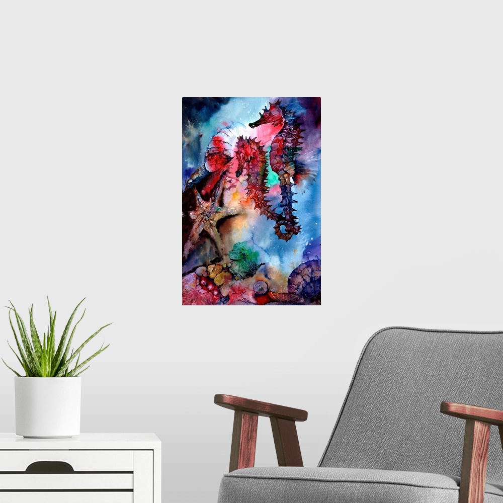 A modern room featuring A colorful, impressionistic watercolor depicting sea horses and other sea creatures. Loosely pain...