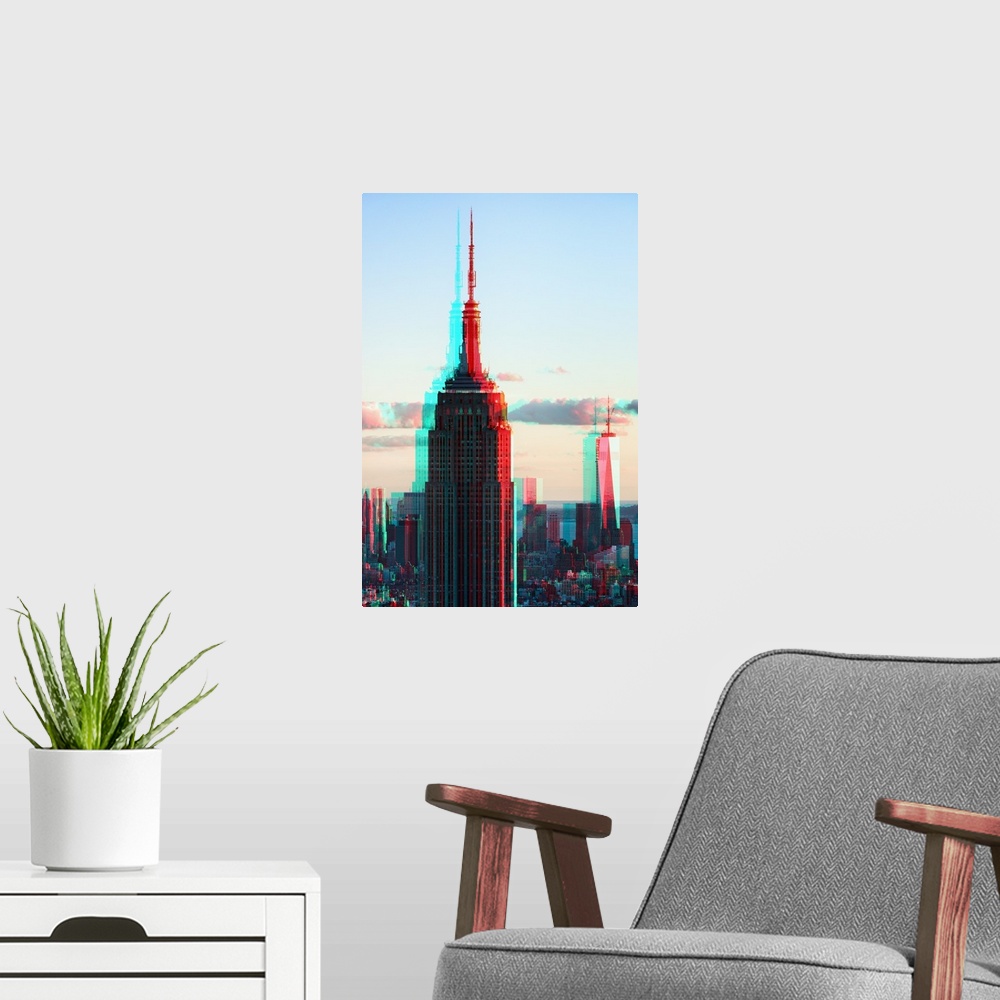 A modern room featuring Photograph of New York city architecture with multiple exposures resembling anaglyph 3D images.