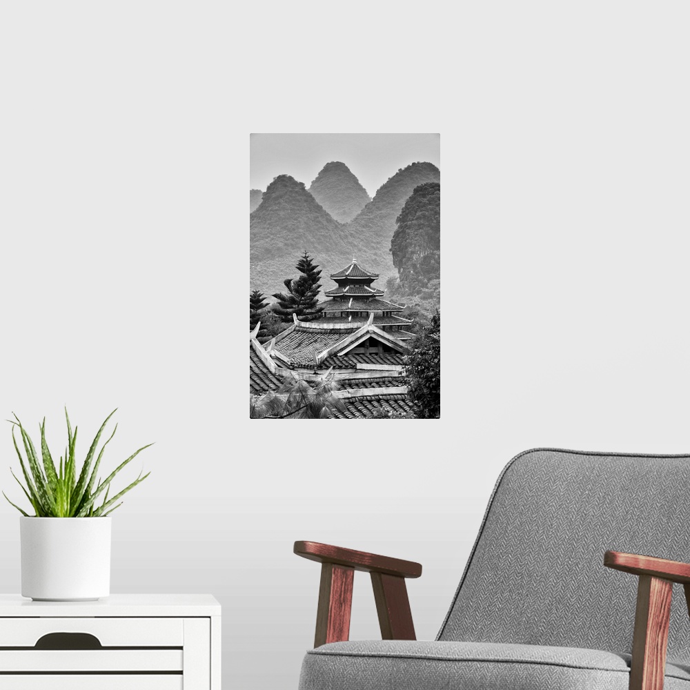 A modern room featuring Chinese Buddhist Temple with Karst Mountains, China 10MKm2 Collection.