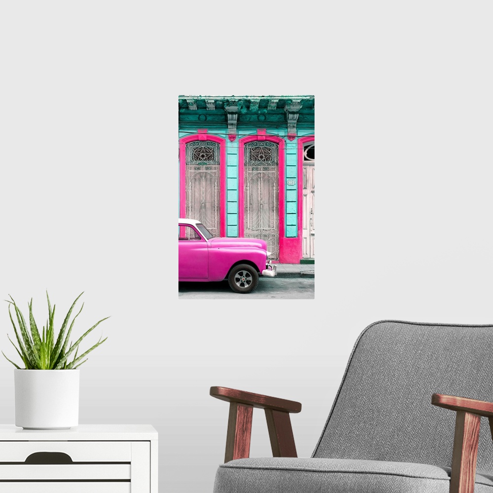 A modern room featuring Photograph of a bright pink vintage car parked outside of a beautiful old building with a bright ...