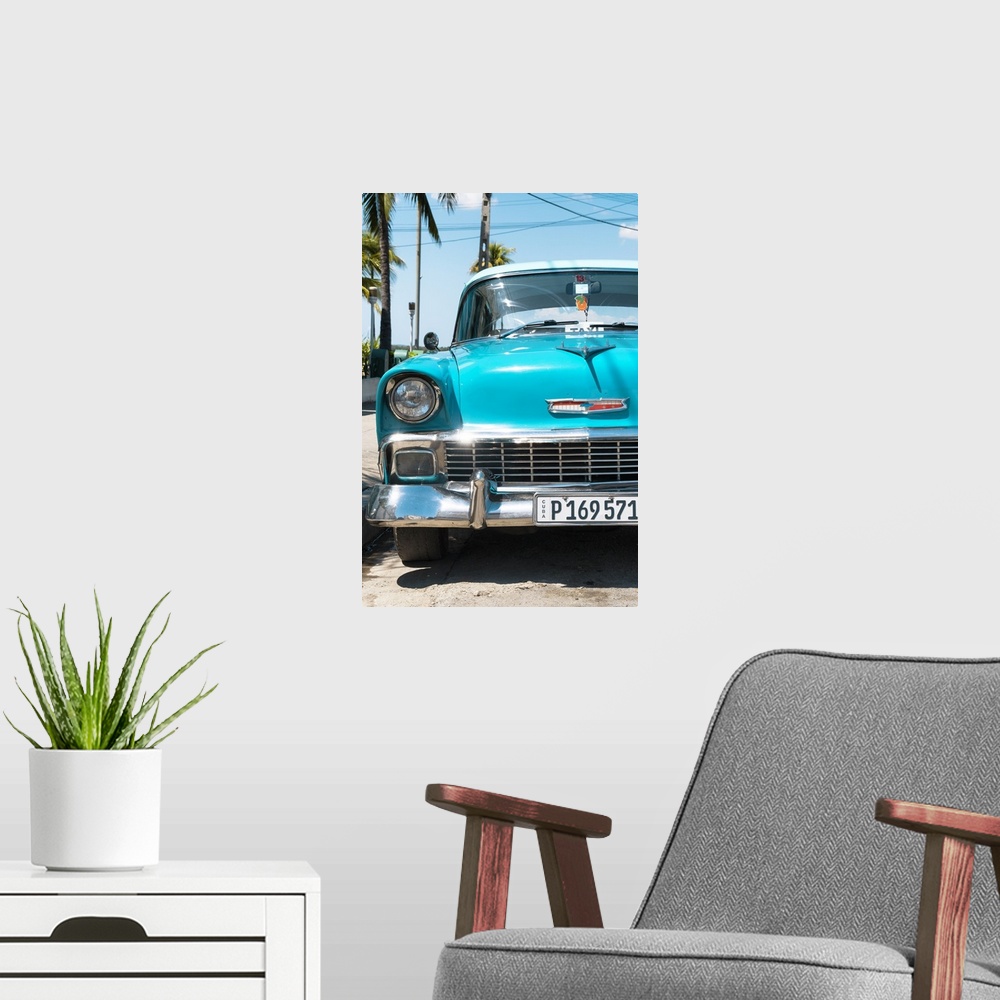 A modern room featuring Photograph of a turquoise vintage Chevy taxi in Havana, Cuba