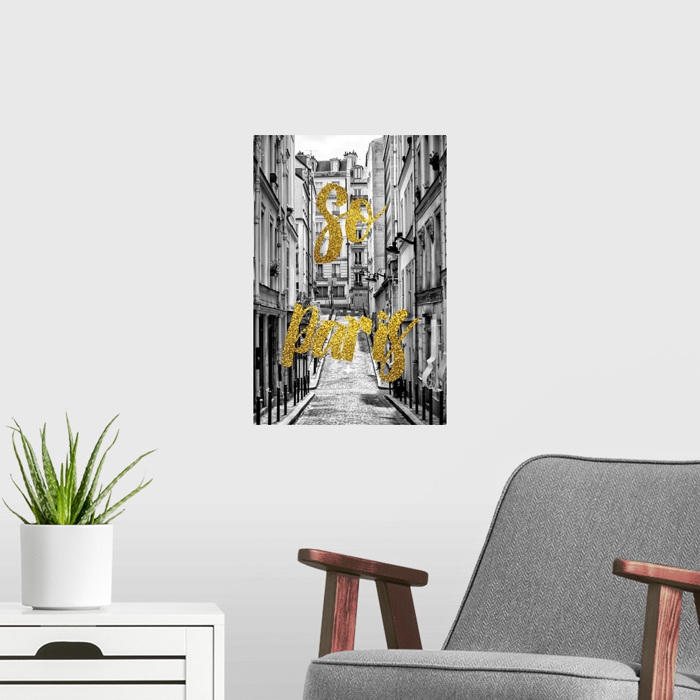A modern room featuring Black and white photograph of a street surrounded by buildings in Paris, France with the phrase "...