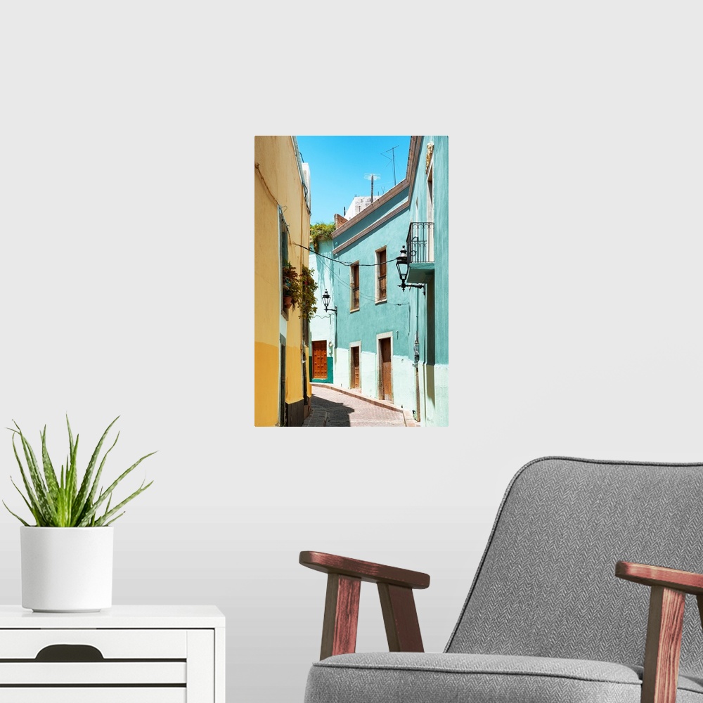 A modern room featuring Photograph of a pastel colored streetscape in Guanajuato, Mexico. From the Viva Mexico Collection.