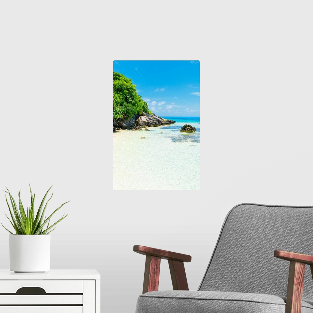 A modern room featuring Photograph of a relaxing beach scene in Isla Mujeres, Mexico, with clear blue water. From the Viv...