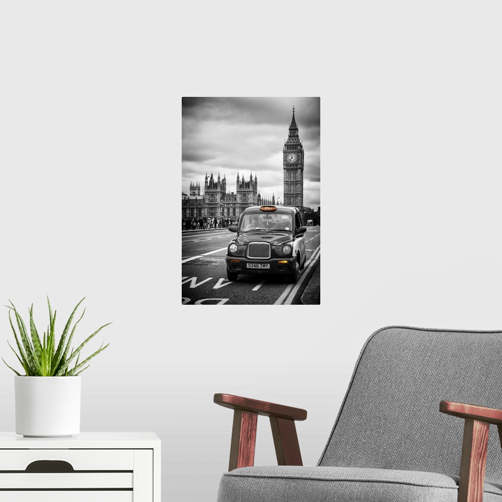 A modern room featuring A Taxi driving past Big Ben on a cloudy day.