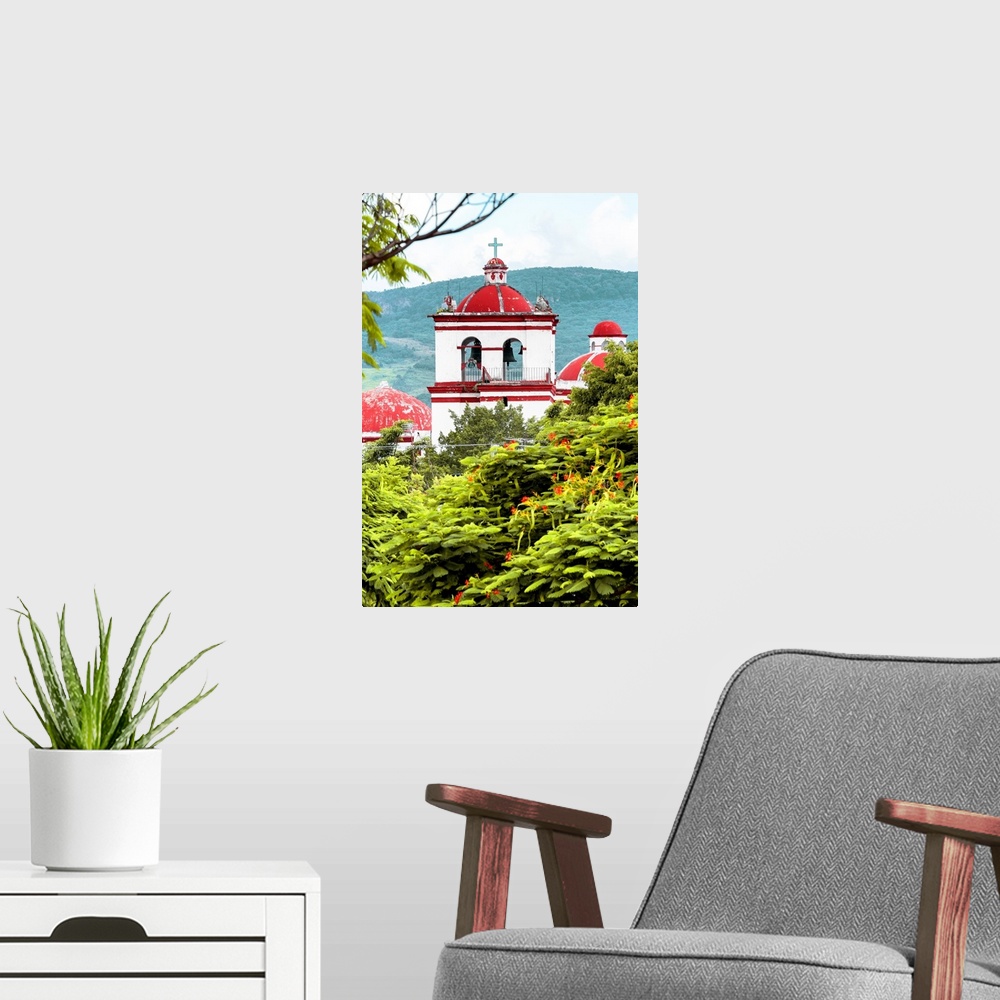 A modern room featuring Photograph of a red and white Church surrounded by lush trees and mountains. From the Viva Mexico...
