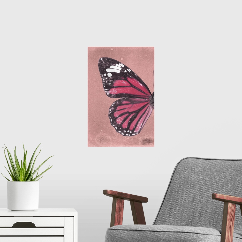 A modern room featuring Half of a butterfly on a pink sparkly background.