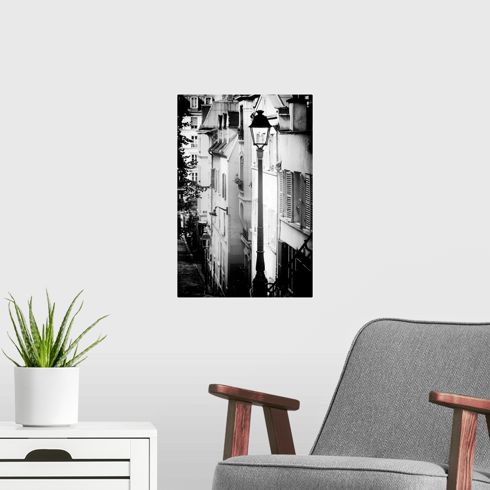 A modern room featuring A black and white photograph of a lamppost in Paris.