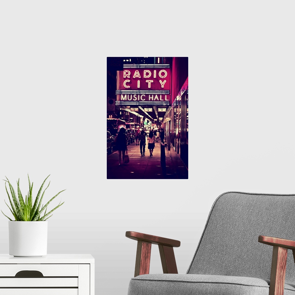 A modern room featuring The classic neon sign of Radio City Music Hall in New York City.