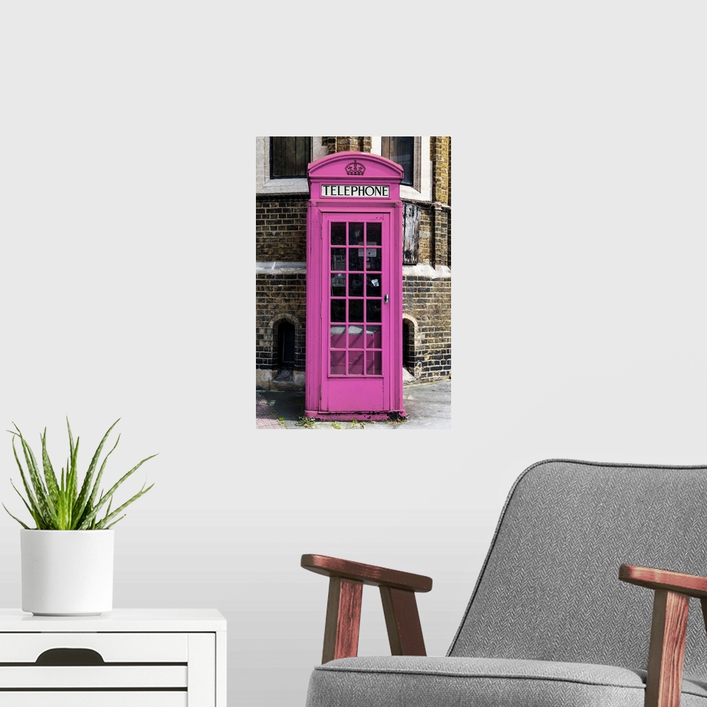A modern room featuring Fine art photo of an iconic telephone booth, painted unusually pink, on a London street corner.