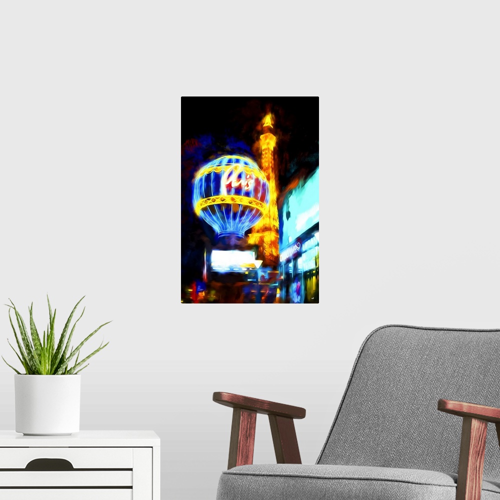 A modern room featuring Photograph with a painterly effect of Las Vegas lit up at night.