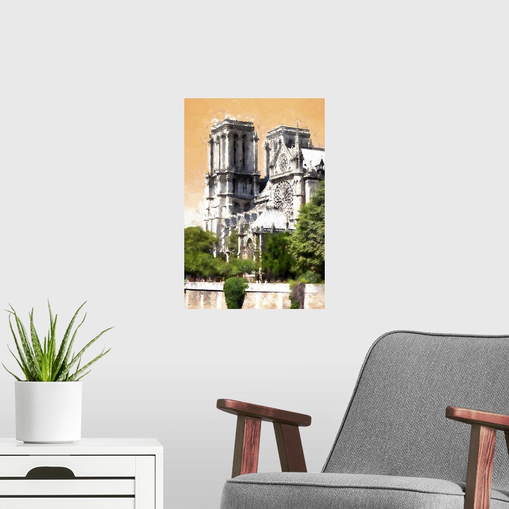 A modern room featuring Photograph of Paris, France with a painterly effect.