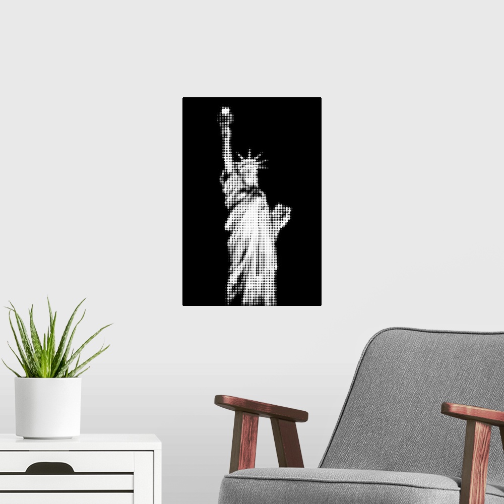 A modern room featuring Artistic photograph of the Statue of Liberty with a black and white pixel grain filter over the i...