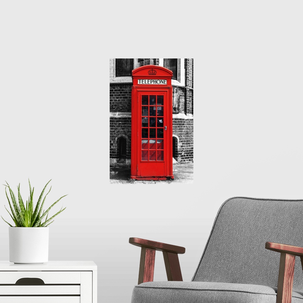 A modern room featuring Fine art photo of an iconic red telephone booth on a London street corner.