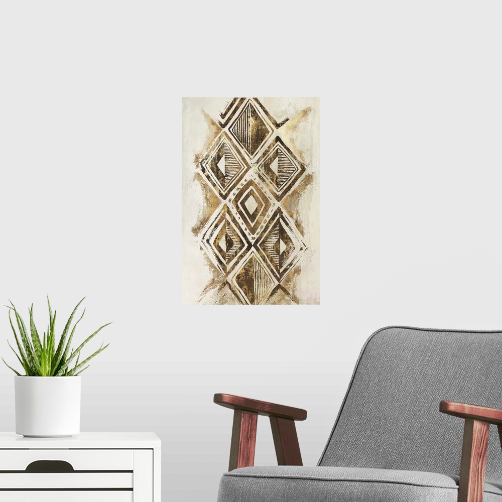 A modern room featuring Vertical abstract art with decorative metallic gold geometric diamond shapes on a light gold and ...