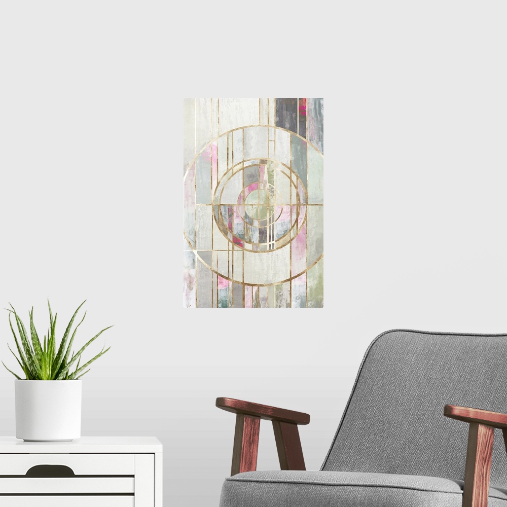 A modern room featuring An art deco design of neutral colors with accents of pastel colors in geometric shapes.