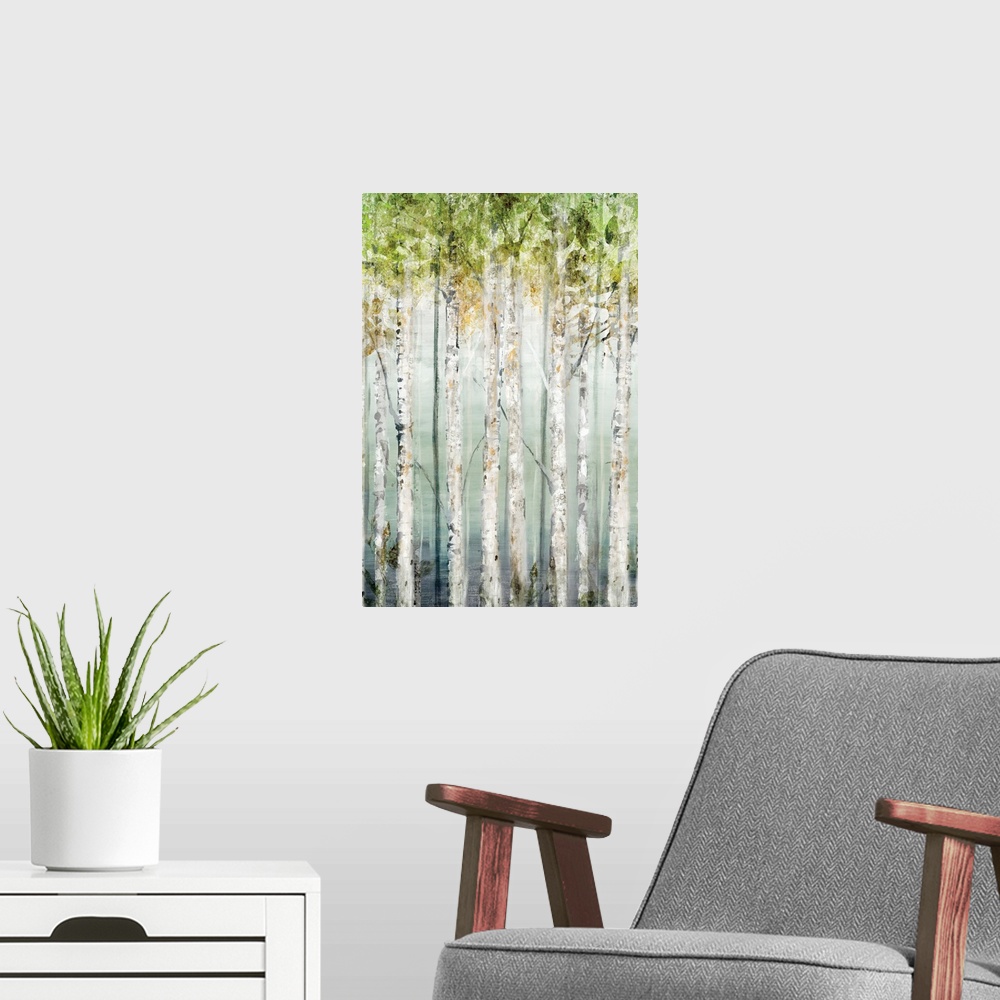 A modern room featuring Contemporary painting of rows of trees with textured leaves in green.