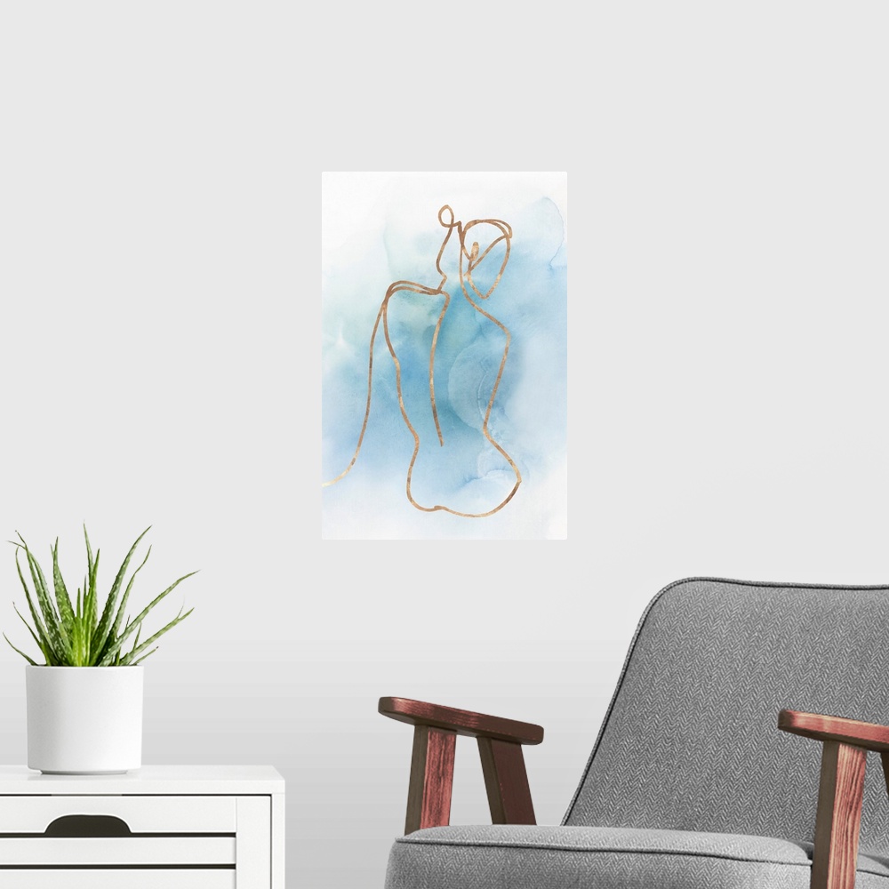 A modern room featuring Abstracted nude figure outlined in gold on a blue watercolor background.